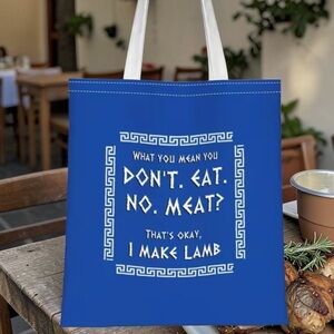 Blue Graphic Tote Bag with White Text